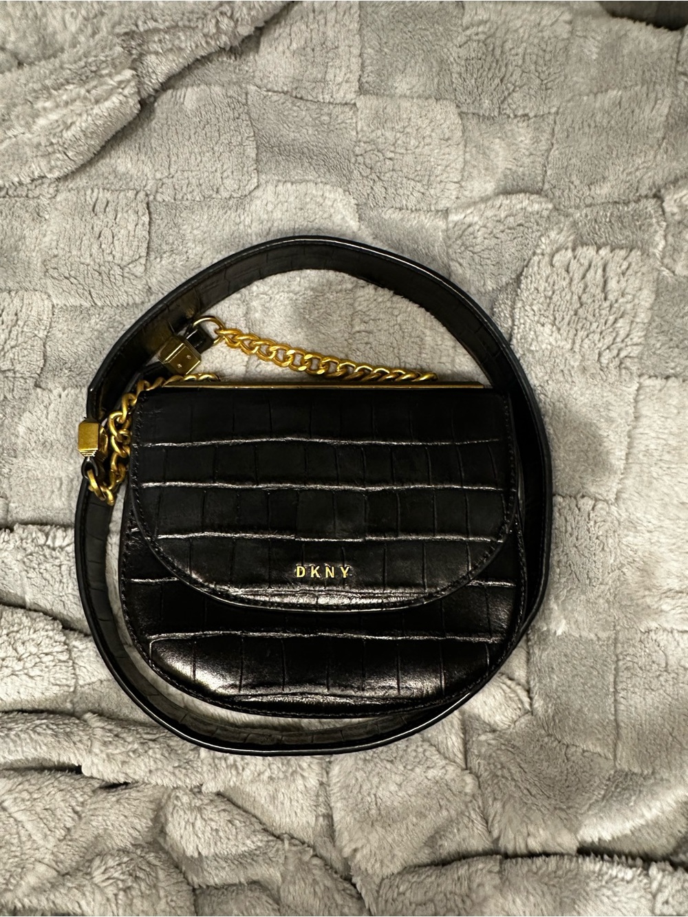 DKNY Black Croc-Embossed Leather Crossbody with Gold Chain Accent